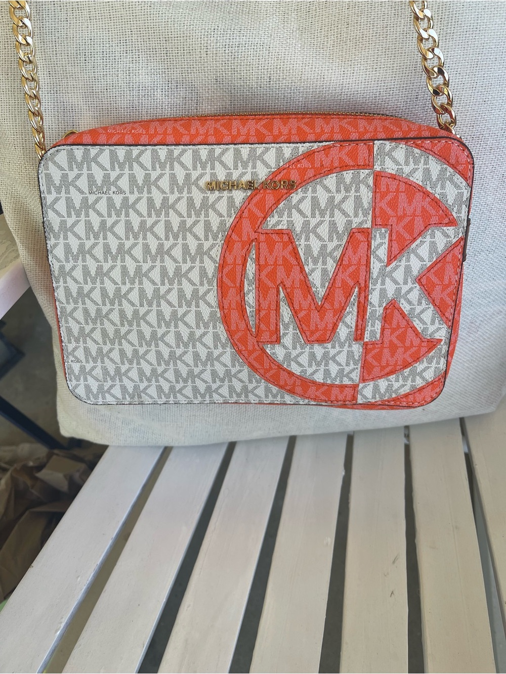 Michael Kors Beige and Orange Signature MK Crossbody Bag